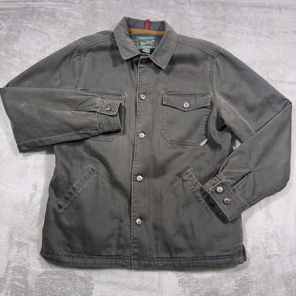Woolrich Jacket Shacket Large Flannel Lined Green Canvas Outdoor Vintage Classic